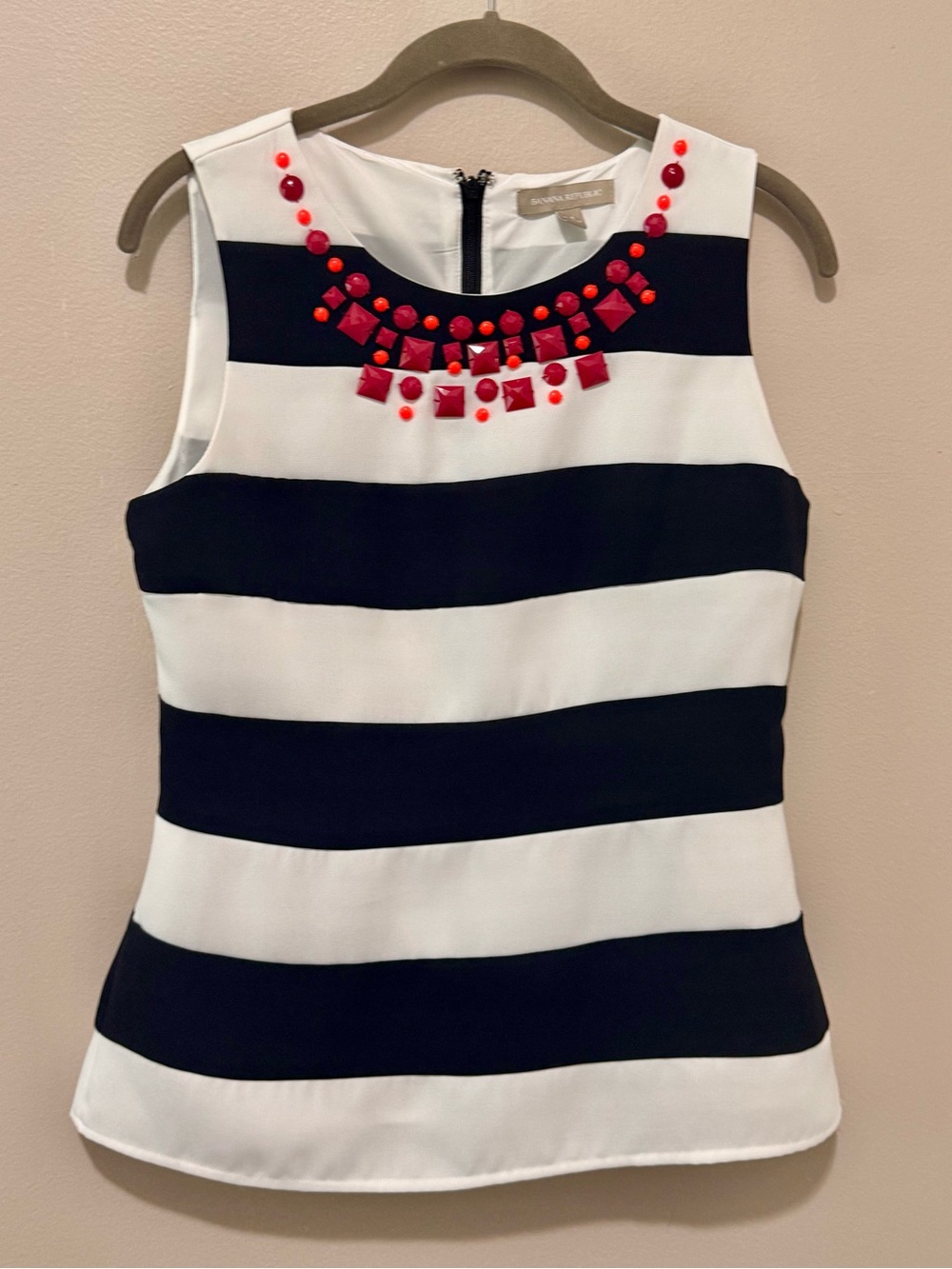 Banana Republic Black and White Striped Jewel-Neck Shell